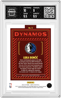 Luka Dončić from the 2023-24 Panini NBA Hoops set graded by Arena Club and given an overall grade of 9.5.