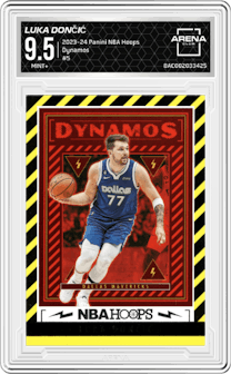 Luka Dončić from the 2023-24 Panini NBA Hoops set graded by Arena Club and given an overall grade of 9.5.