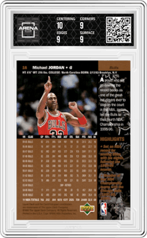 Michael Jordan from the 1996-97 Upper Deck set graded by Arena Club and given an overall grade of 9.5.