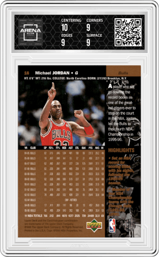 Michael Jordan from the 1996-97 Upper Deck set graded by Arena Club and given an overall grade of 9.5.
