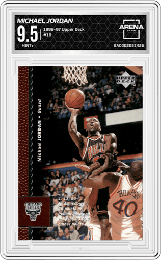 Michael Jordan from the 1996-97 Upper Deck set graded by Arena Club and given an overall grade of 9.5.