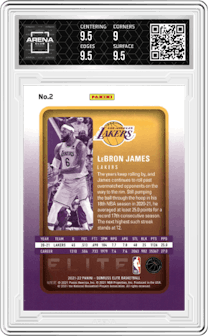 LeBron James from the 2021-22 Panini Donruss Elite  set graded by Arena Club and given an overall grade of 9.5.