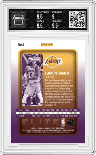 LeBron James from the 2021-22 Panini Donruss Elite  set graded by Arena Club and given an overall grade of 9.5.