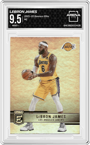 LeBron James from the 2021-22 Panini Donruss Elite  set graded by Arena Club and given an overall grade of 9.5.
