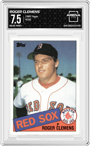 Roger Clemens from the 1985 Topps set graded by Arena Club and given an overall grade of 7.5.