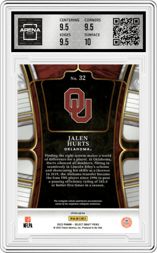 Jalen Hurts from the 2023 Panini Select Draft Picks set featuring a Gold Lazer parallel graded by Arena Club and given an overall grade of 10.