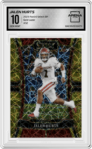 Jalen Hurts from the 2023 Panini Select Draft Picks set featuring a Gold Lazer parallel graded by Arena Club and given an overall grade of 10.