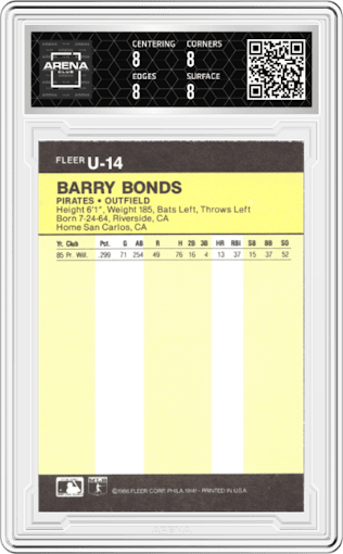 Barry Bonds from the 1986 Fleer Update set graded by Arena Club and given an overall grade of 8.