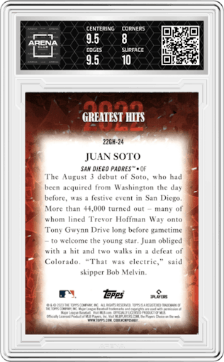 Juan Soto from the 2023 Topps Series 1 set graded by Arena Club and given an overall grade of 8.5.