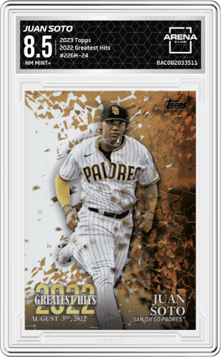 Juan Soto from the 2023 Topps Series 1 set graded by Arena Club and given an overall grade of 8.5.