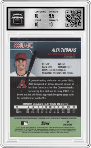 Alek Thomas from the 2022 Stadium Club Chrome set graded by Arena Club and given an overall grade of 10.