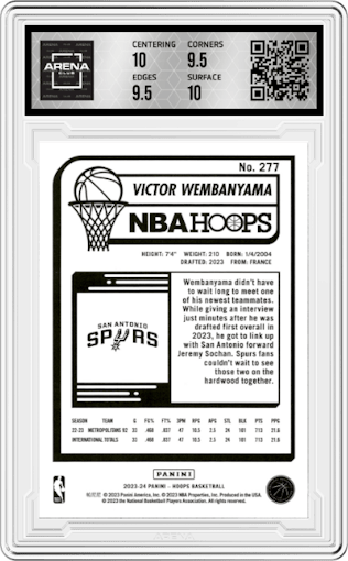 Victor Wembanyama from the 2023-24 Panini NBA Hoops set graded by Arena Club and given an overall grade of 10.