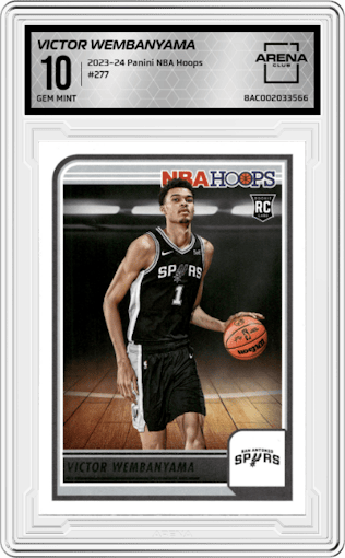 Victor Wembanyama from the 2023-24 Panini NBA Hoops set graded by Arena Club and given an overall grade of 10.