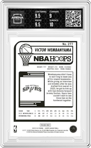 Victor Wembanyama from the 2023-24 Panini NBA Hoops set graded by Arena Club and given an overall grade of 9.5.