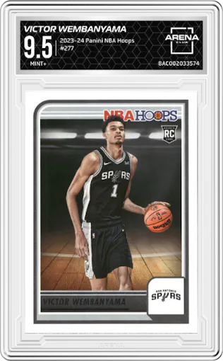 Victor Wembanyama from the 2023-24 Panini NBA Hoops set graded by Arena Club and given an overall grade of 9.5.