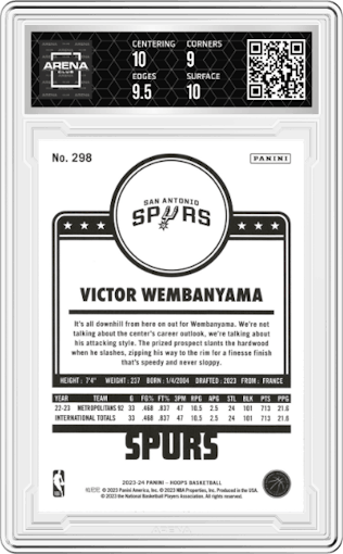 Victor Wembanyama from the 2023-24 Panini NBA Hoops set featuring a Winter parallel graded by Arena Club and given an overall grade of 9.5.