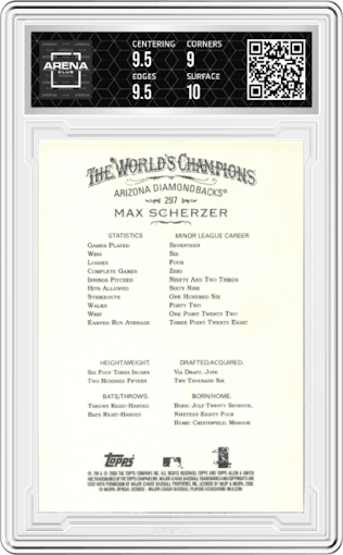 Max Scherzer from the 2008 Topps Allen & Ginter set graded by Arena Club and given an overall grade of 9.5.