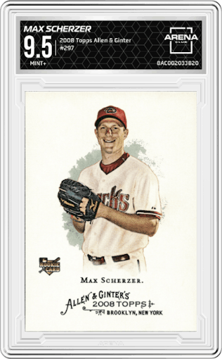 Max Scherzer from the 2008 Topps Allen & Ginter set graded by Arena Club and given an overall grade of 9.5.