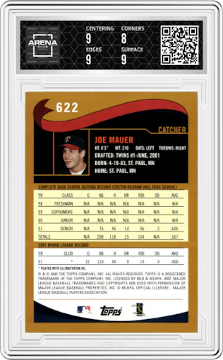 Joe Mauer from the 2002 Topps set graded by Arena Club and given an overall grade of 8.5.