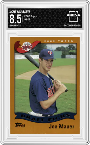 Joe Mauer from the 2002 Topps set graded by Arena Club and given an overall grade of 8.5.