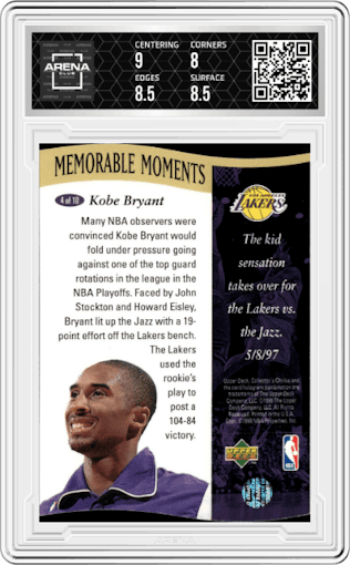 Kobe Bryant from the 1997-98 Upper Deck Collector's Choice set graded by Arena Club and given an overall grade of 8.5.