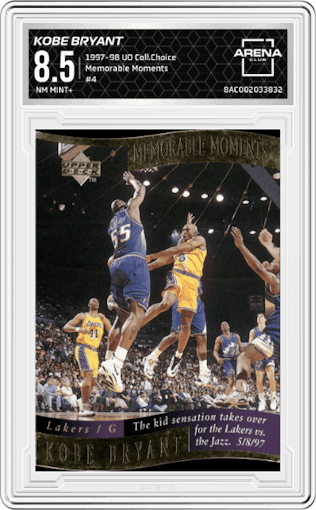 Kobe Bryant from the 1997-98 Upper Deck Collector's Choice set graded by Arena Club and given an overall grade of 8.5.