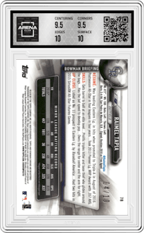 Raimel Tapia from the 2017 Bowman Chrome Mini set featuring a Red Refractor parallel graded by Arena Club and given an overall grade of 10.