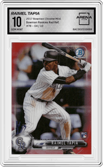 Raimel Tapia from the 2017 Bowman Chrome Mini set featuring a Red Refractor parallel graded by Arena Club and given an overall grade of 10.