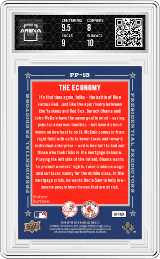 Barack Obama/John McCain from the 2008 Upper Deck set graded by Arena Club and given an overall grade of 8.5.