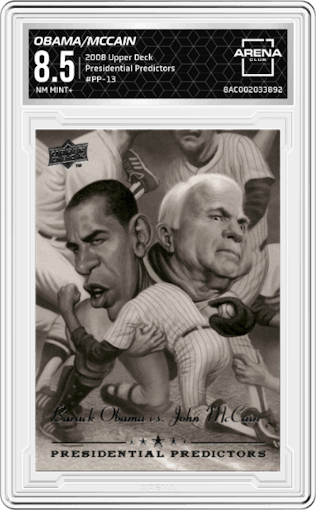 Barack Obama/John McCain from the 2008 Upper Deck set graded by Arena Club and given an overall grade of 8.5.