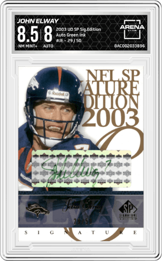 John Elway from the 2003 Upper Deck SP Signature Edition set graded by Arena Club and given an overall grade of 8.5.