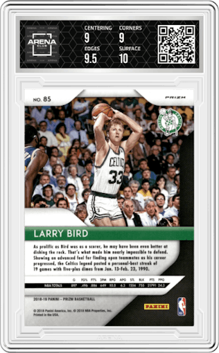 Larry Bird from the 2018-19 Panini Prizm set featuring a Red White Blue Prizm parallel graded by Arena Club and given an overall grade of 9.5.