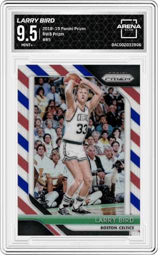 Larry Bird from the 2018-19 Panini Prizm set featuring a Red White Blue Prizm parallel graded by Arena Club and given an overall grade of 9.5.