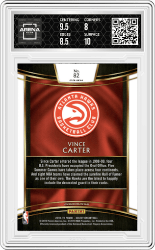 Vince Carter from the 2018-19 Panini Select  set featuring a Scope parallel graded by Arena Club and given an overall grade of 8.5.
