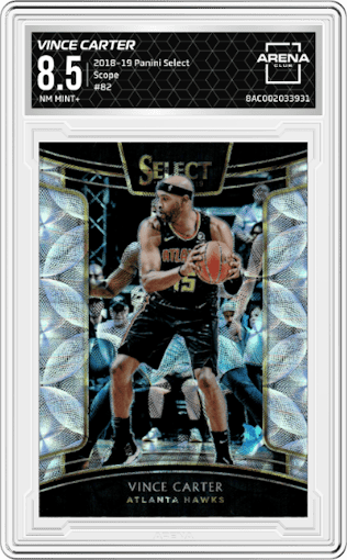 Vince Carter from the 2018-19 Panini Select  set featuring a Scope parallel graded by Arena Club and given an overall grade of 8.5.