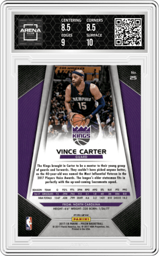 Vince Carter from the 2017-18 Panini Prizm  set featuring a Green Prizm parallel graded by Arena Club and given an overall grade of 9.