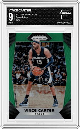 Vince Carter from the 2017-18 Panini Prizm  set featuring a Green Prizm parallel graded by Arena Club and given an overall grade of 9.