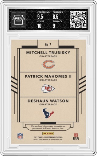 Mitchell Trubisky/Patrick Mahomes II/Deshaun Watson from the 2017 Panini Gold Standard set graded by Arena Club and given an overall grade of 9.