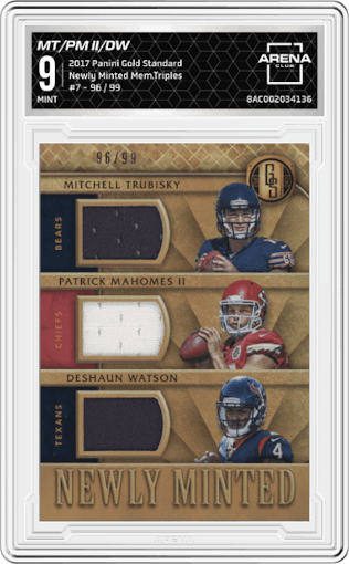 Mitchell Trubisky/Patrick Mahomes II/Deshaun Watson from the 2017 Panini Gold Standard set graded by Arena Club and given an overall grade of 9.