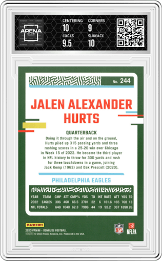 Jalen Alexander Hurts from the 2023 Panini Donruss set graded by Arena Club and given an overall grade of 9.5.