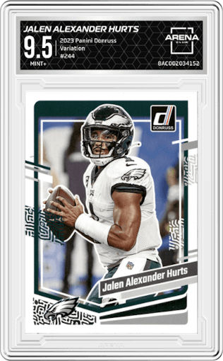 Jalen Alexander Hurts from the 2023 Panini Donruss set graded by Arena Club and given an overall grade of 9.5.