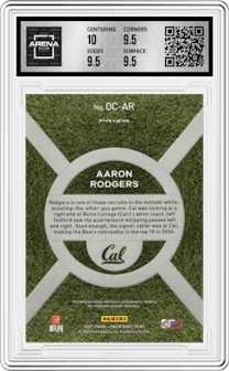 Aaron Rodgers from the 2021 Panini Prizm Draft Picks set graded by Arena Club and given an overall grade of 10.