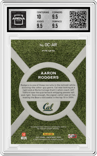 Aaron Rodgers from the 2021 Panini Prizm Draft Picks set graded by Arena Club and given an overall grade of 10.