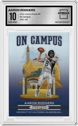 Aaron Rodgers from the 2021 Panini Prizm Draft Picks set graded by Arena Club and given an overall grade of 10.