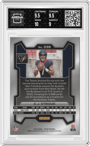 C.J. Stroud from the 2023 Panini Prizm set graded by Arena Club and given an overall grade of 9.5.