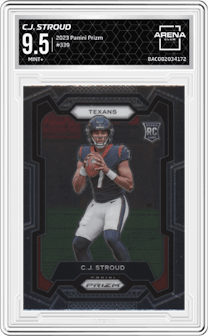 C.J. Stroud from the 2023 Panini Prizm set graded by Arena Club and given an overall grade of 9.5.