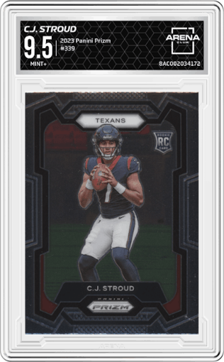C.J. Stroud from the 2023 Panini Prizm set graded by Arena Club and given an overall grade of 9.5.