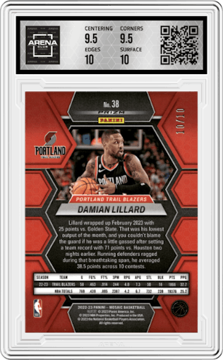 Damian Lillard from the 2022-23 Panini Mosaic set featuring a Fast Break Gold parallel graded by Arena Club and given an overall grade of 10.