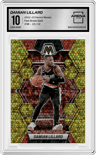Damian Lillard from the 2022-23 Panini Mosaic set featuring a Fast Break Gold parallel graded by Arena Club and given an overall grade of 10.