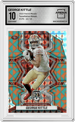 George Kittle from the 2022 Panini Mosaic set featuring a Tessellation Mosaic parallel graded by Arena Club and given an overall grade of 10.